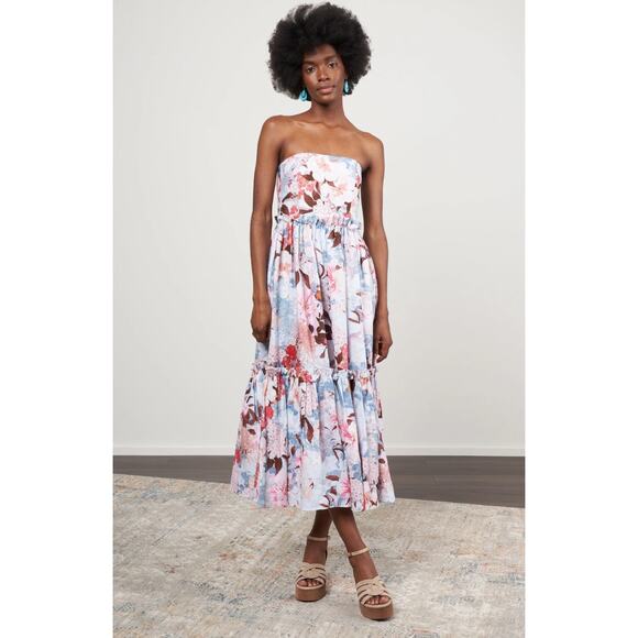 Cara Cara Japanese Blue Torres Floral Cotton Linen Strapless Midi Dress 10 NEW - Picture 1 of 7